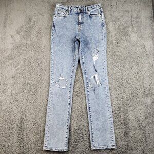 High Rise Straight Womens Jeans Size 27 Distressed Faded Rigid Denim Indigo Blue